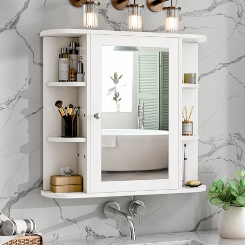Meilocar Bathroom Mirror Cabinet Wall Mounted, White, 6 Open Shelves V3130