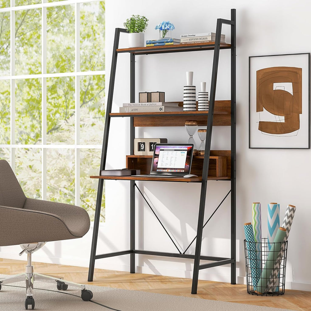 GOFLAME 71" High Ladder Desk with Open Shelves, Brown V699