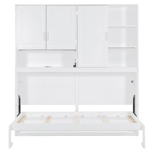 SOFTSEA Twin Murphy Bed with Storage Bookcase, LED Light & Charging Stations, Grey G72495
