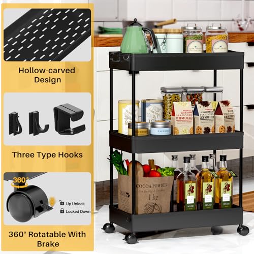SPACEKEEPER 3 Tier Rolling Storage Cart, Black Q90327