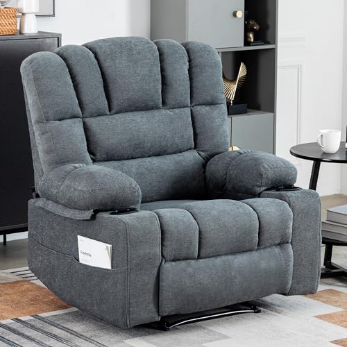 Oversized Recliner Chair for Adult, Plus Size 36.2" Extra Wide Seat Manual Chenille Recliner with Pockets, Ergonomic Massage Heated for Living Room Bedroom Home Threater Office Lounge (Grey)