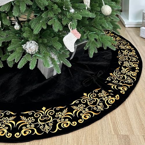 Burgundy Victorian Velvet Christmas Tree Skirt with Gold Damask Embroidery Q6345
