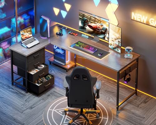 AODK L Shaped Gaming Desk with 4 Drawers, Power Outlets, Black P81263