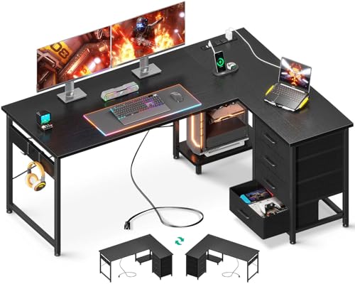 AODK L Shaped Gaming Desk with 4 Drawers, Power Outlets, Black P81263