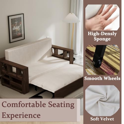 3 in 1 Convertible Sleeper Sofa Bed Loveseat with Pull Out Bed, Velvet, Beige X129463