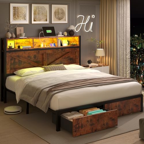 Farmhouse Full Size Bed Frame with Storage Headboard and Charging Station J722