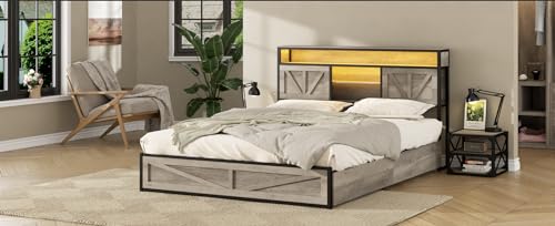 Queen Size Bed Frame with Charging Station, 4 Drawers, LED Light, Farmhouse Platform Bed with Headboard Storage, Wash Grey E20107