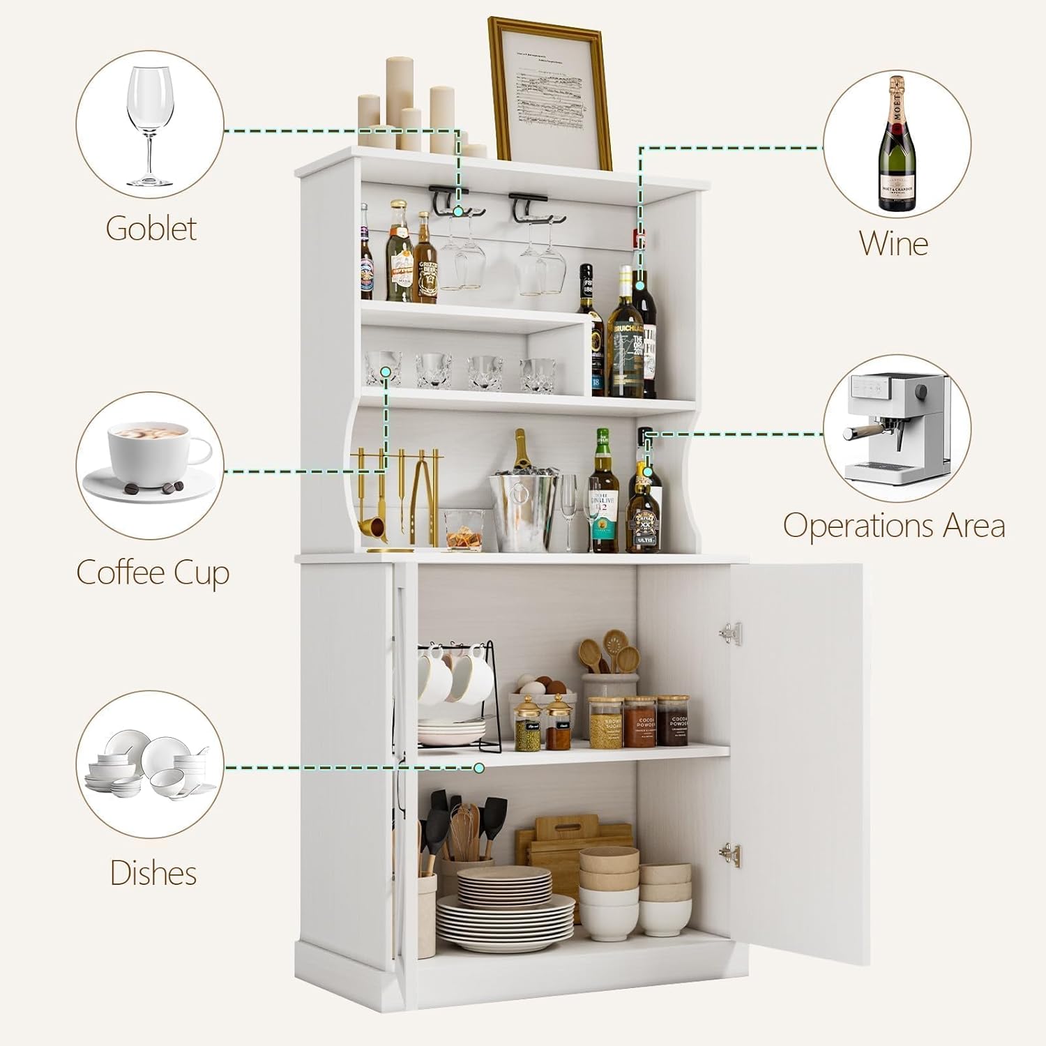 4 EVER WINNER Farmhouse Coffee Bar Cabinet with Hutch & Wine Rack, White U8140