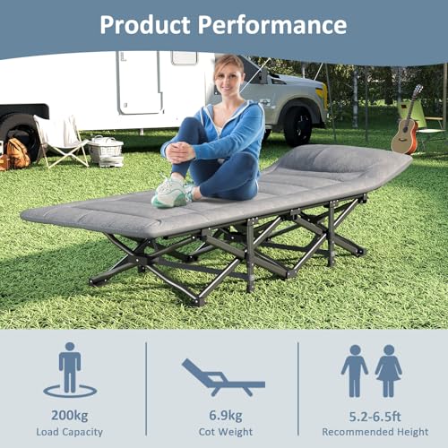 Folding Camping Cot Bed for Adults with Mattress, Pillow and Carry Bag, Grey D714