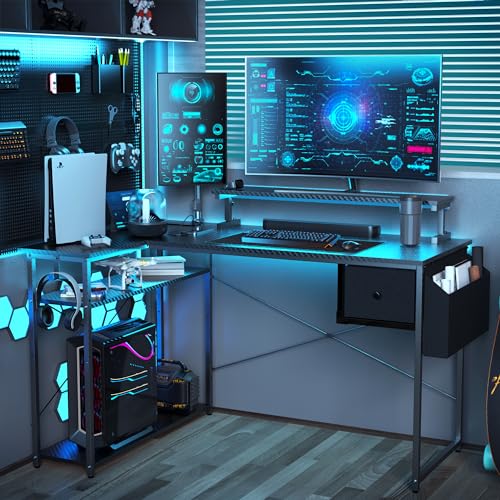 L Shaped Gaming Desk 47 Inch with RGB Lights and Power Outlet I989438