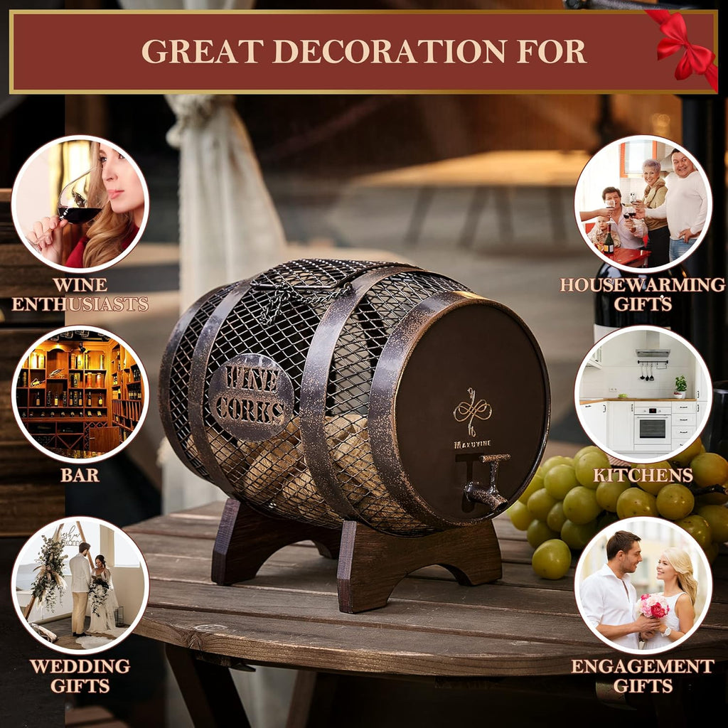 Rustic Metal Barrel Wine Cork Holder with Wooden Stand Z81334