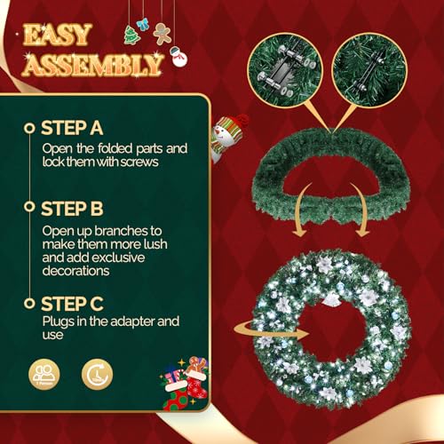 VINGLI 48 Inch Pre-lit Artificial Christmas Wreath with 150 LED Lights T885
