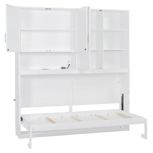 SOFTSEA Twin Murphy Bed with Storage Bookcase, LED Light & Charging Stations, Grey G72495