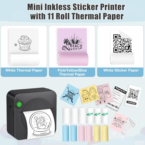 Mini Sticker Printer with 11 Rolls Paper, Bluetooth Inkless, Pink D95489