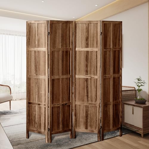 Wood Room Divider 4 Panel, 5.6 FT Tall Folding Privacy Screen, Retro White K4688