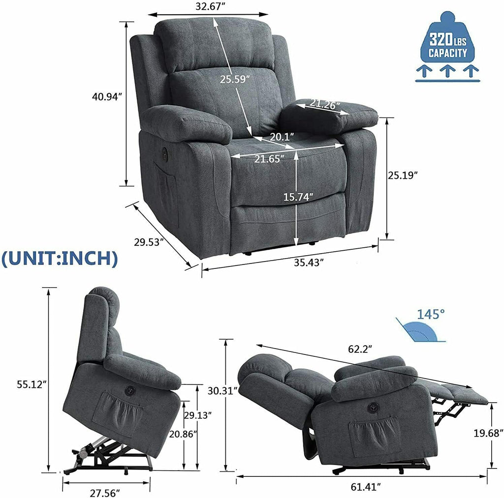 Grey Linen Electric Power Lift Massage Recliner Chair with Remote Control H47763