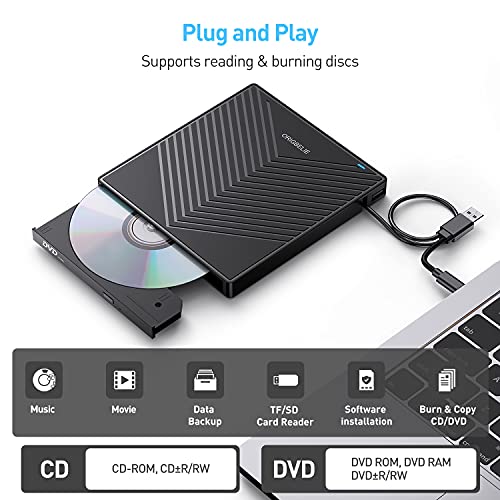 External CD DVD Drive for Laptop, USB 3.0 Type-C, Slim Portable Burner T70166