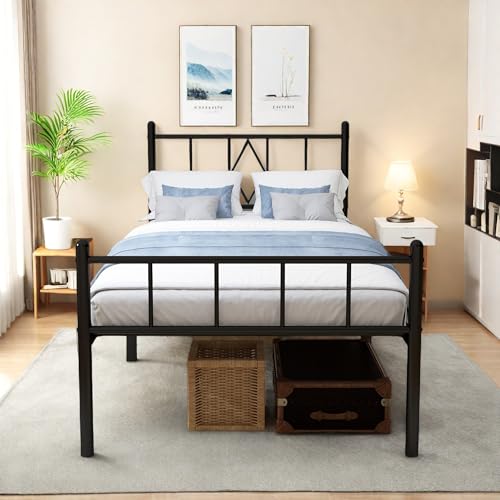 Full Size Metal Platform Bed Frame with Headboard, Black U138819
