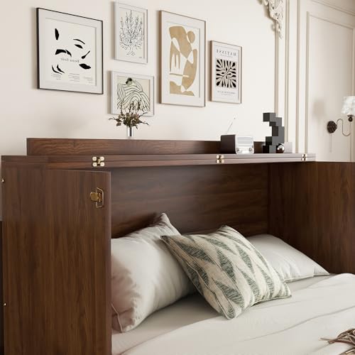 KEIKI Queen Murphy Bed Cabinet with Charging Station & Rattan Design S457376