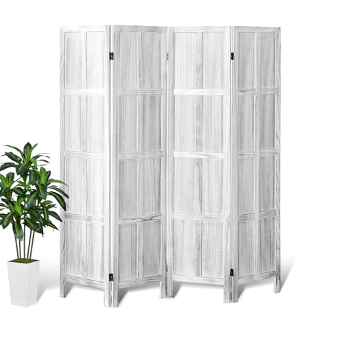 Wood Room Divider 4 Panel, 5.6 FT Tall Folding Privacy Screen, Retro White K4688