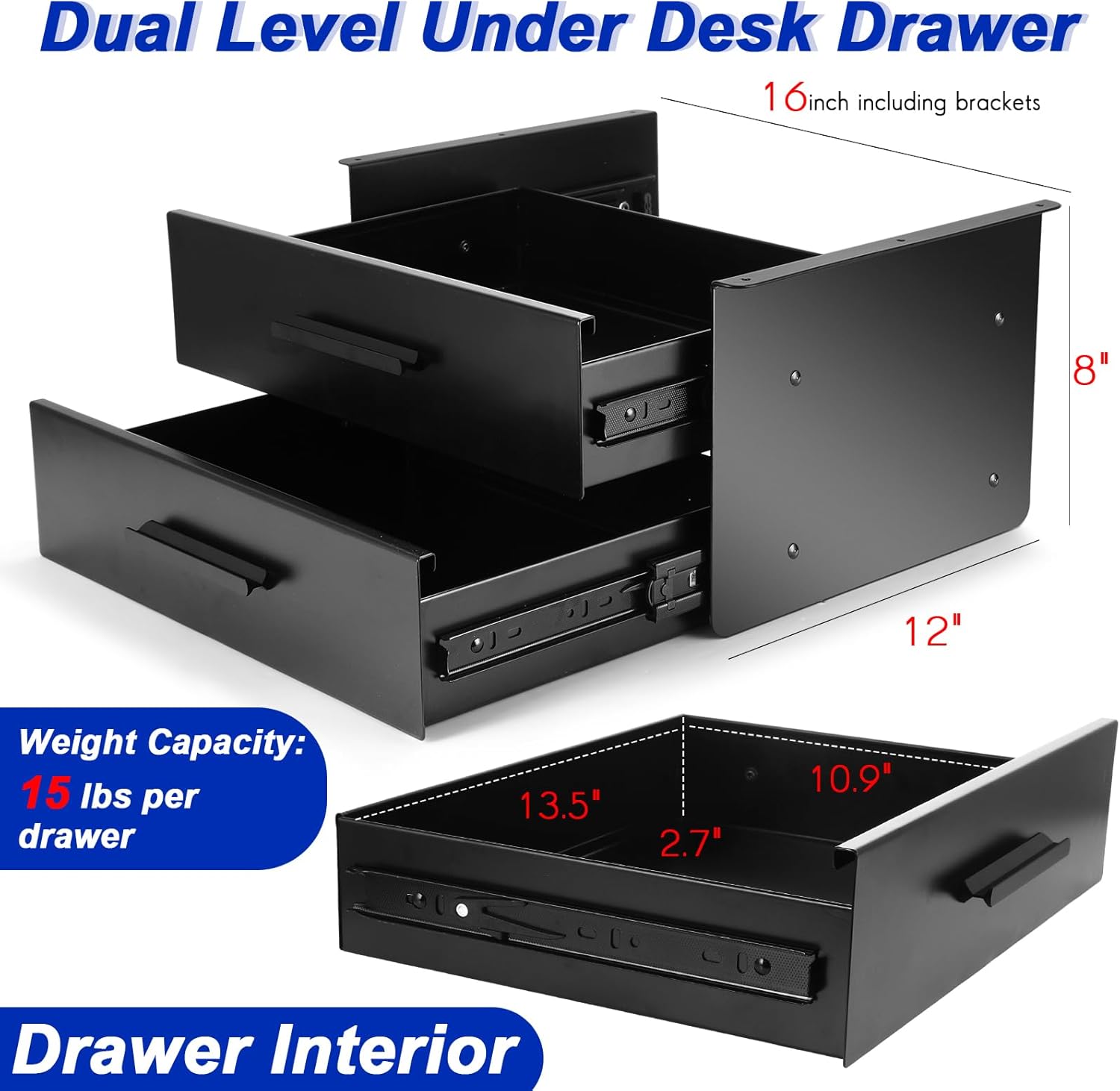 Under Desk Drawer Storage 16x12x8 Inch Pull Out Organizer, Black M7269