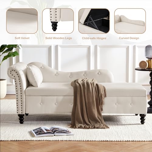 Tufted Velvet Chaise Lounge with Storage, Beige Y118
