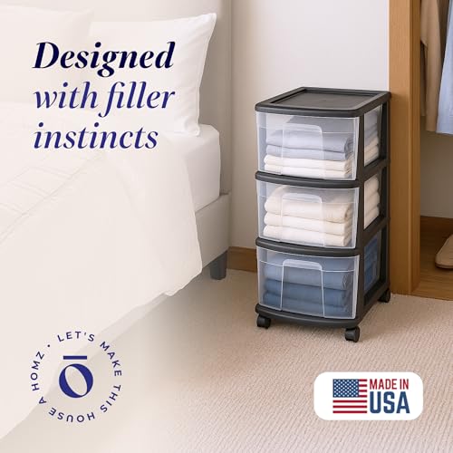 HOMZ 3-Tier Clear Plastic Storage Organizer Cart with Wheels, Black Frame M4715