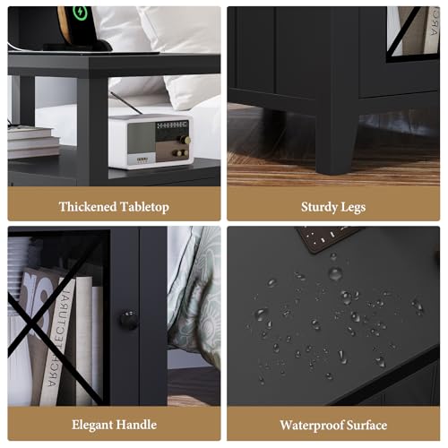 Itaar Farmhouse End Table with Charging Station and LED Lights, Black V906926