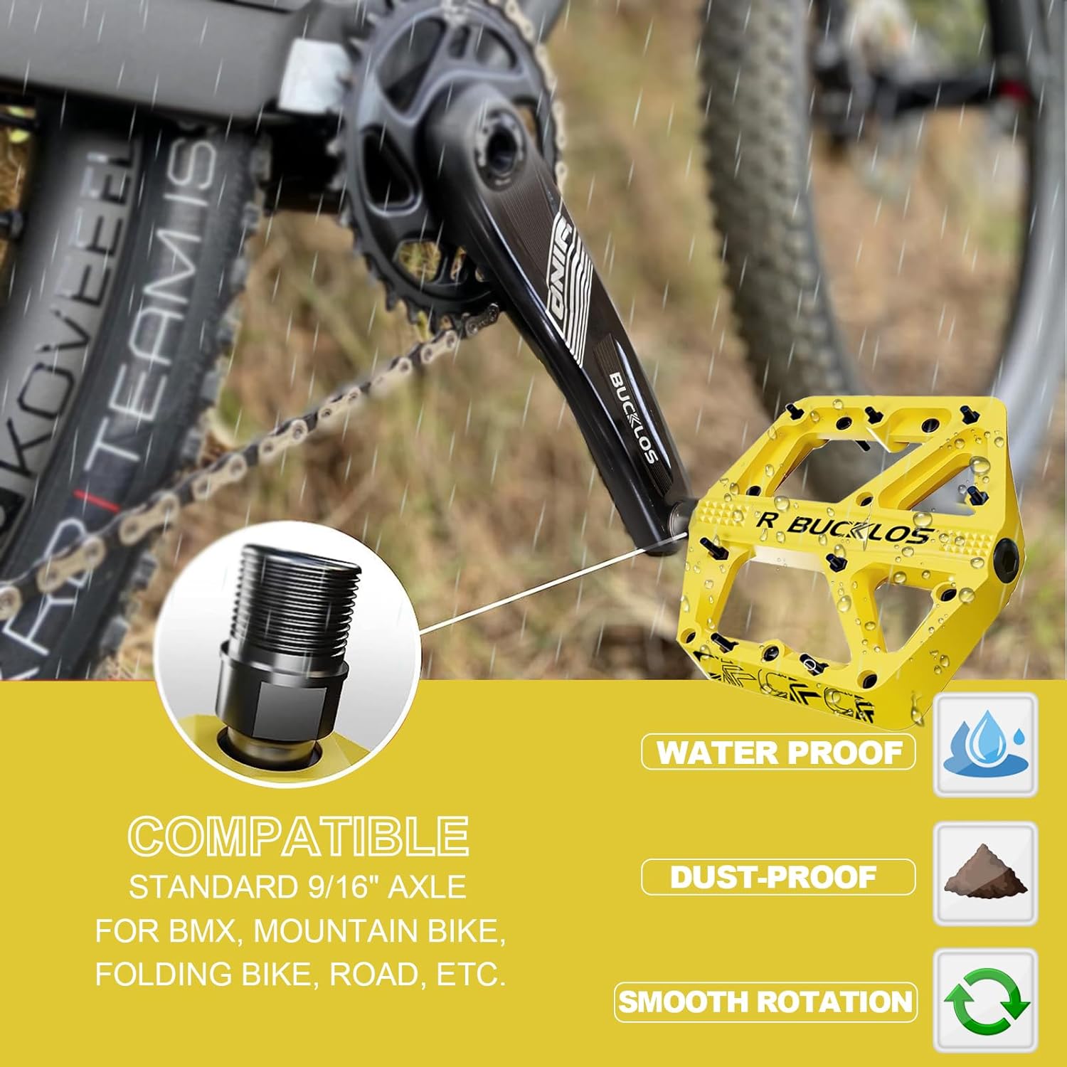 BUCKLOS 104 BCD Mountain Bike Single Speed Crankset 170mm with 30T Chainring, Yellow Pedals Y989