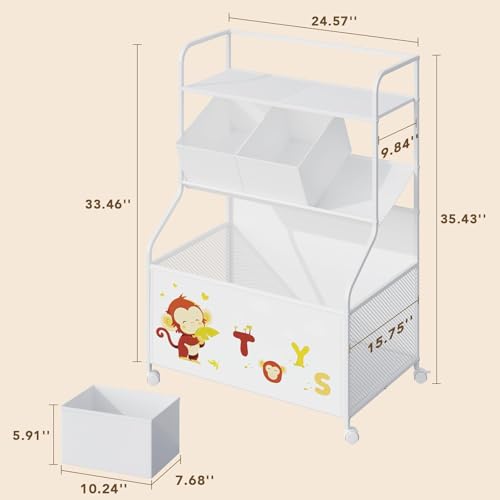 BBLIKE Toy Storage Organizer with Wheels 3-Tier Kids Toy Box White Q363830