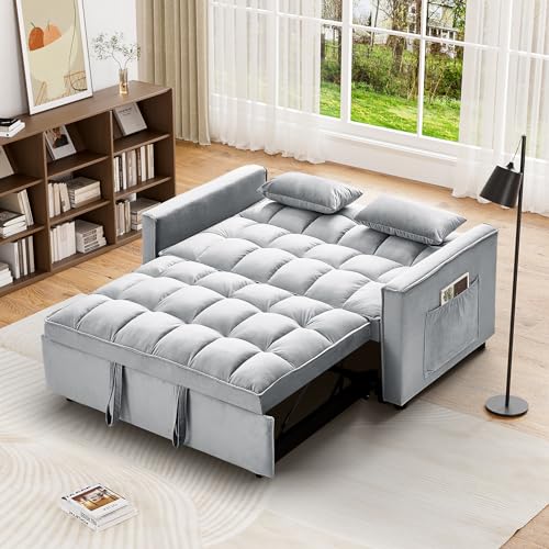 Velvet Convertible Sleeper Sofa Bed with Adjustable Backrest, Dark Grey E67840