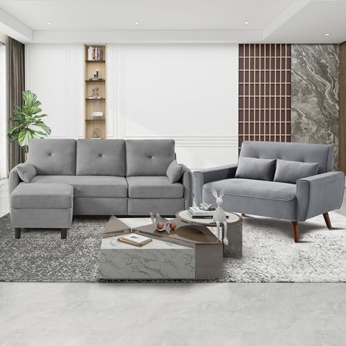77" Convertible Sectional Sofa Set, Small L Shaped 3-Seat Couch with Reversible Chaise and Loveseat Sofa, Modern Linen Sofas Couches for Living Room, LightGrey