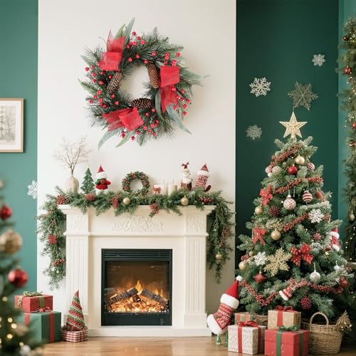24 Inch Christmas Wreath with Red Ribbon and Pine Cones for Front Door D30392