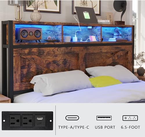 Farmhouse Full Size Bed Frame with Storage Headboard and Charging Station J722