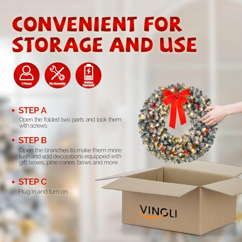 VINGLI 48 Inch Pre-lit Artificial Christmas Wreath with 150 LED Lights T885