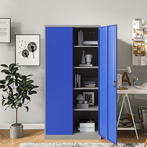 Metal Storage Cabinet with Doors and Shelves, 71" Locking Steel, White L799
