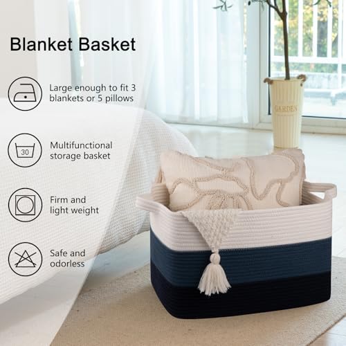 OIAHOMY Large Rectangle Woven Blanket Basket with Handle, Gradient Blue B58762