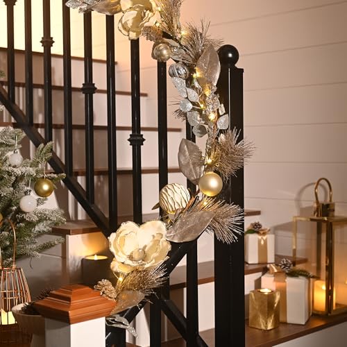 Valery Madelyn 6ft Pre-Lit Christmas Garland with White Gold Balls & Magnolia B766139