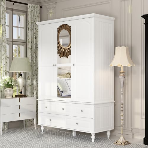 Hitow 3 Door Wardrobe Armoire with Mirror, 5 Drawers & Hanging Rod, White A105
