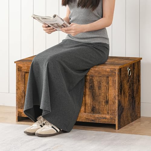 HOOBRO Storage Bench, 39.3" Retro Wooden Chest with Lift Top, White and Walnut C2921