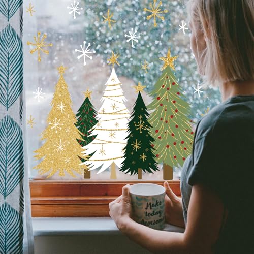 Whaline 9 Sheet Christmas Window Clings Snowy Forest Trees Reusable Window Decals H27510