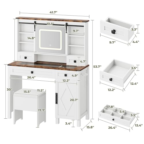 IRONCK Farmhouse Vanity Desk with Sliding Mirror & Lights, Glass Top, 4 Drawers & Stool F993