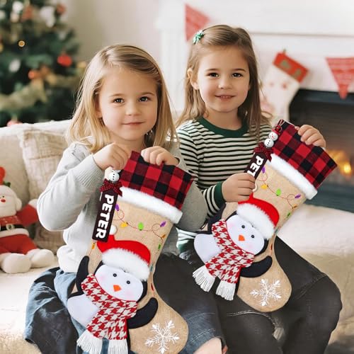 DEMIUKO 3PCS Christmas Stockings with Name Tags Snowman Santa Penguin F6894