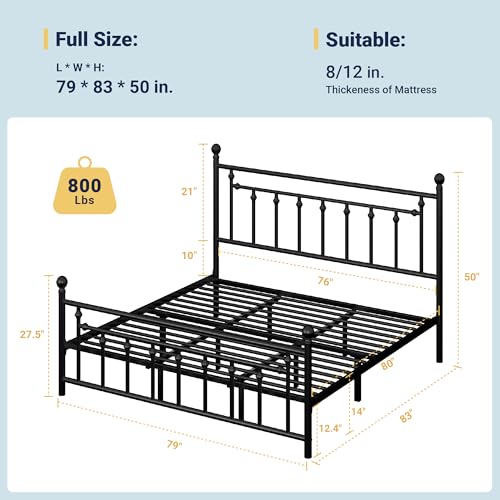 Allewie 14 Inch Full Size Metal Platform Bed Frame with Victorian Headboard, Black E84939
