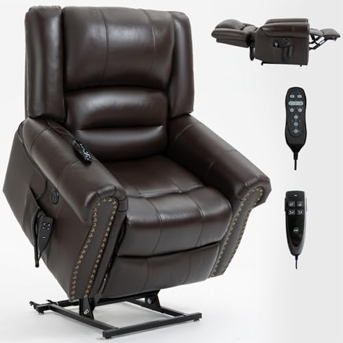 Dual Motor Power Lift Recliner Chair with Massage and Heat, Faux Leather, Brown V8458