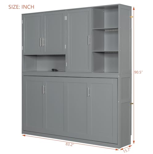 SOFTSEA Twin Murphy Bed with Storage Bookcase, LED Light & Charging Stations, Grey G72495