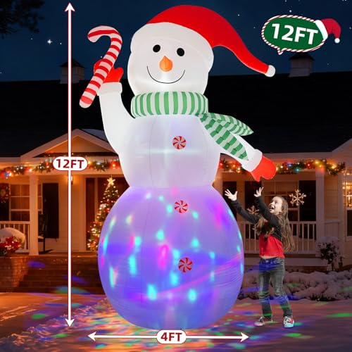 B&D 12FT Giant Christmas Inflatables Snowman Outdoor Decorations with Rotating LED Lights B36000