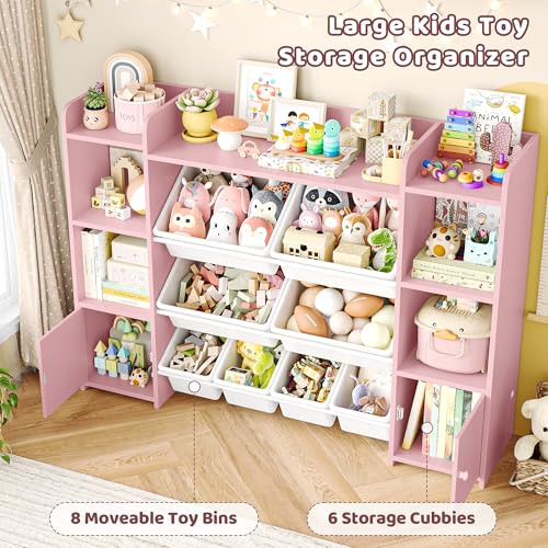 FOTOSOK 55" Toy Storage Organizer with 8 Bins and Bookshelf, Pink J681345