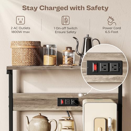 SUPERJARE Kitchen Bakers Rack with Power Outlet, Coffee Bar Table, Rustic Brown W637