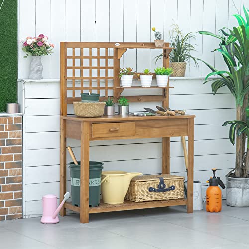 Outsunny Potting Bench Table, Outdoor Wooden Workstation with Shelves and Drawer Z303163